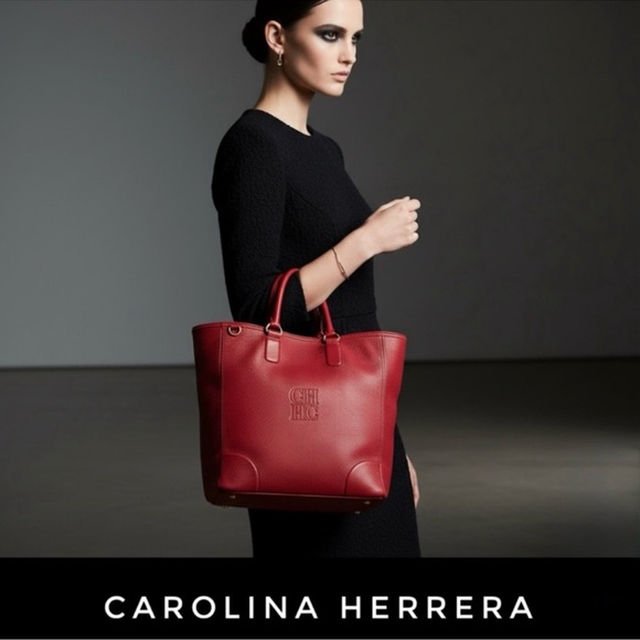 Authentic Carolina Herrera luxury designer signature red leather purse tote bag